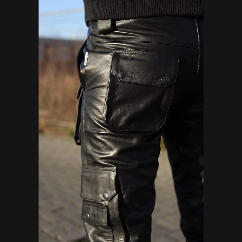 Men’s Cowhide Leather Cargo Biker Pants – Heavy-Duty Motorcycle Gear
