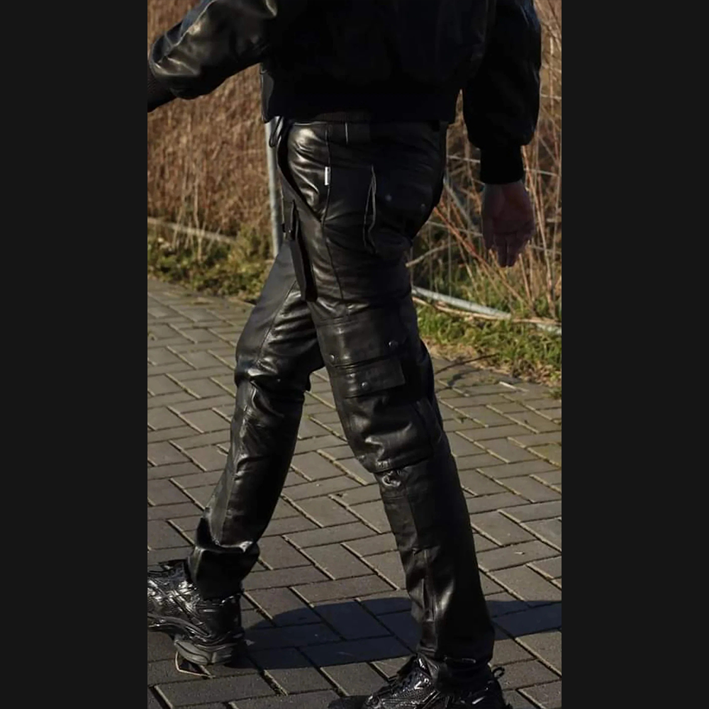 Men’s Cowhide Leather Cargo Biker Pants – Heavy-Duty Motorcycle Gear