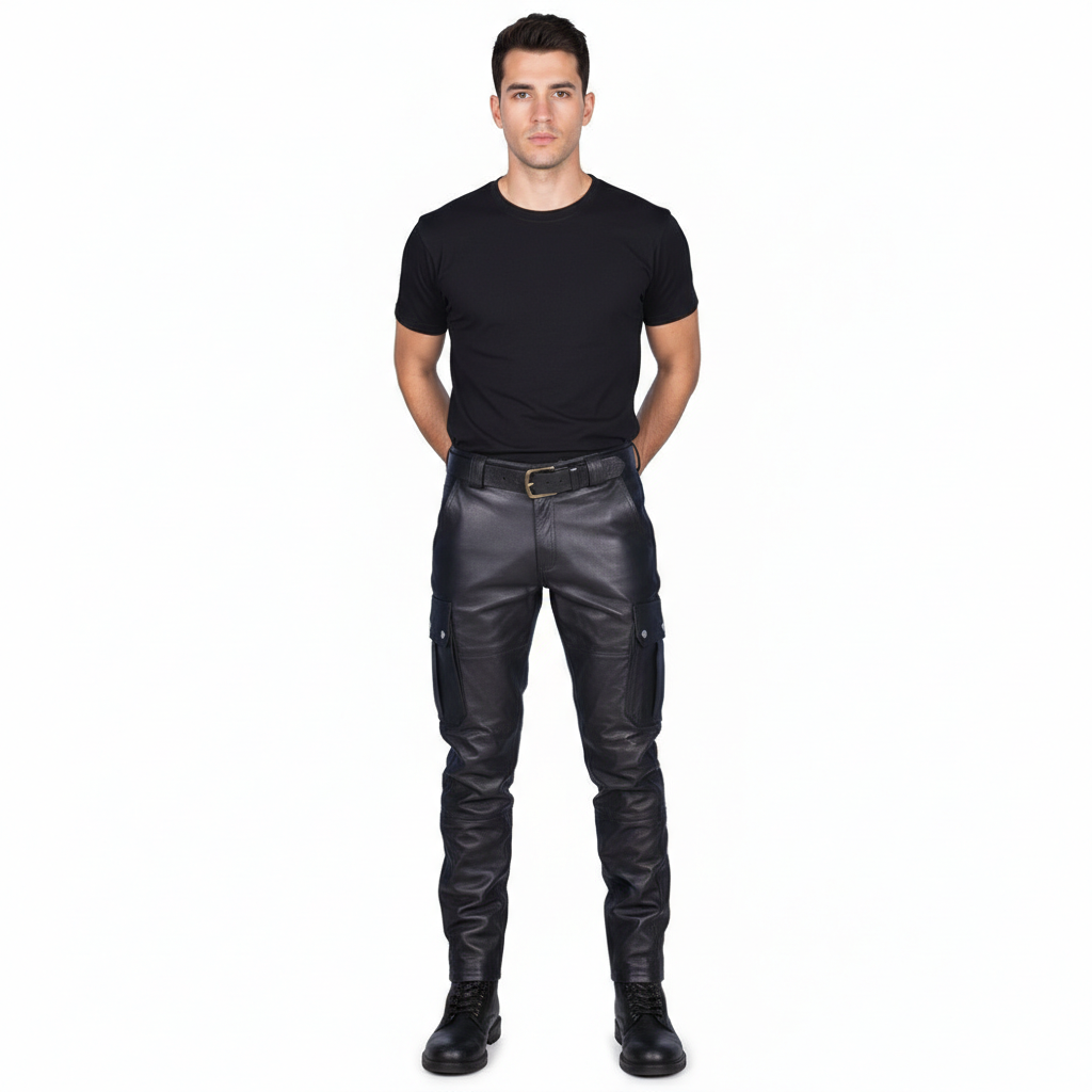 Men’s Cowhide Leather Cargo Biker Pants – Multi Pocket Trousers