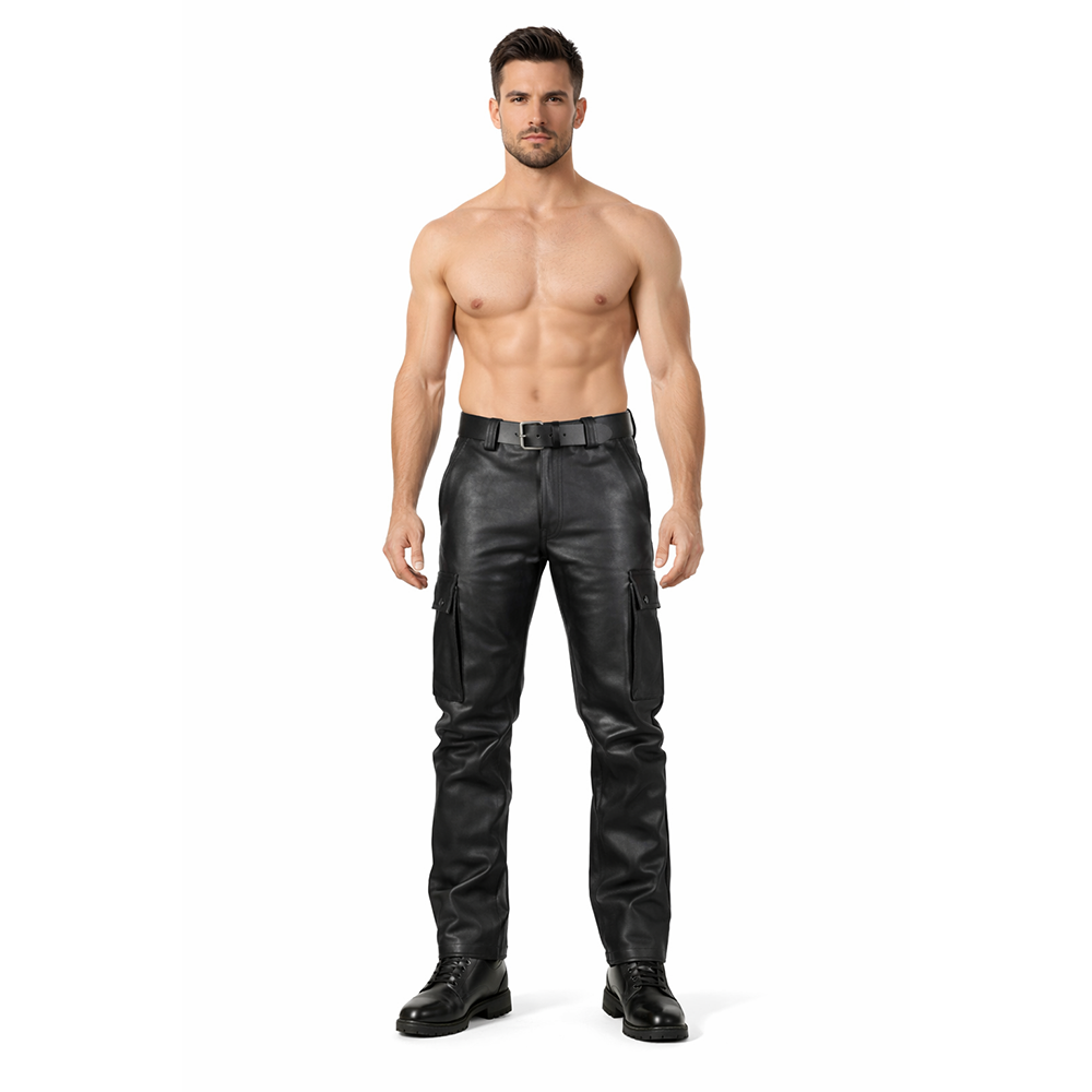 Men's Cowhide Leather Cargo Pants – Biker Style with Pockets