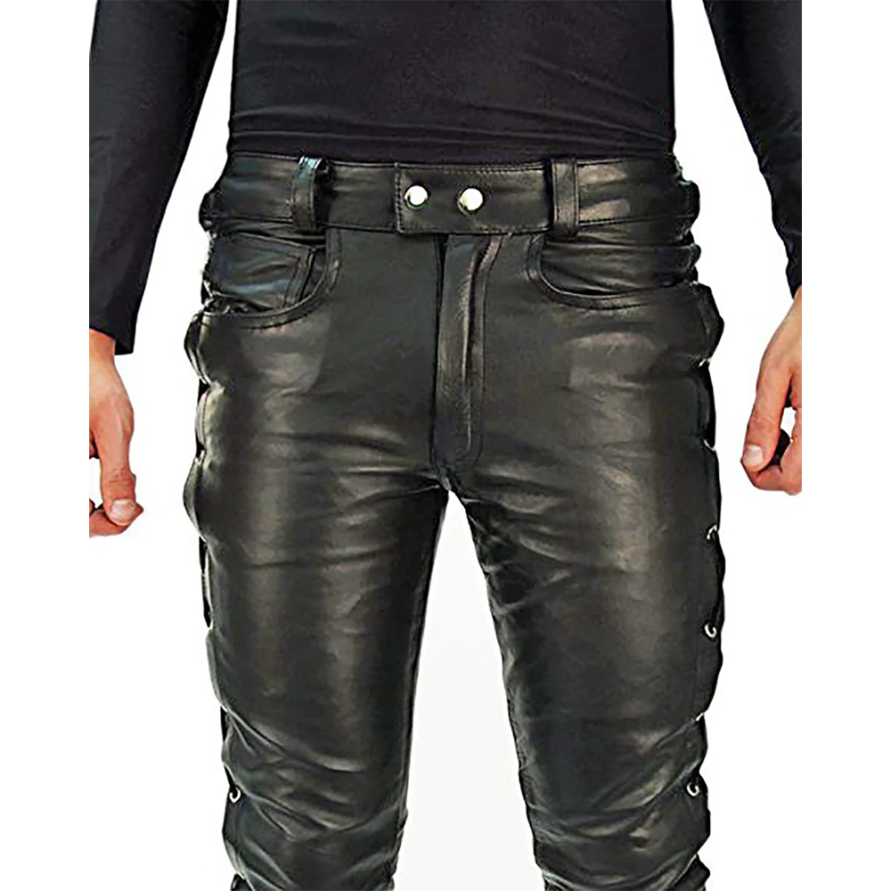 Men's Cowhide Leather Lace-Up Biker Pants with 5 Pockets