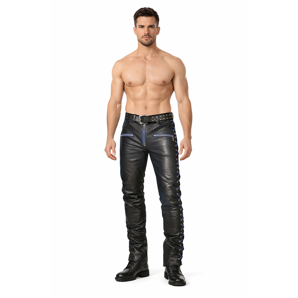 Men’s Cowhide Leather Lace-Up Pants – Contrast Laces Biker Style