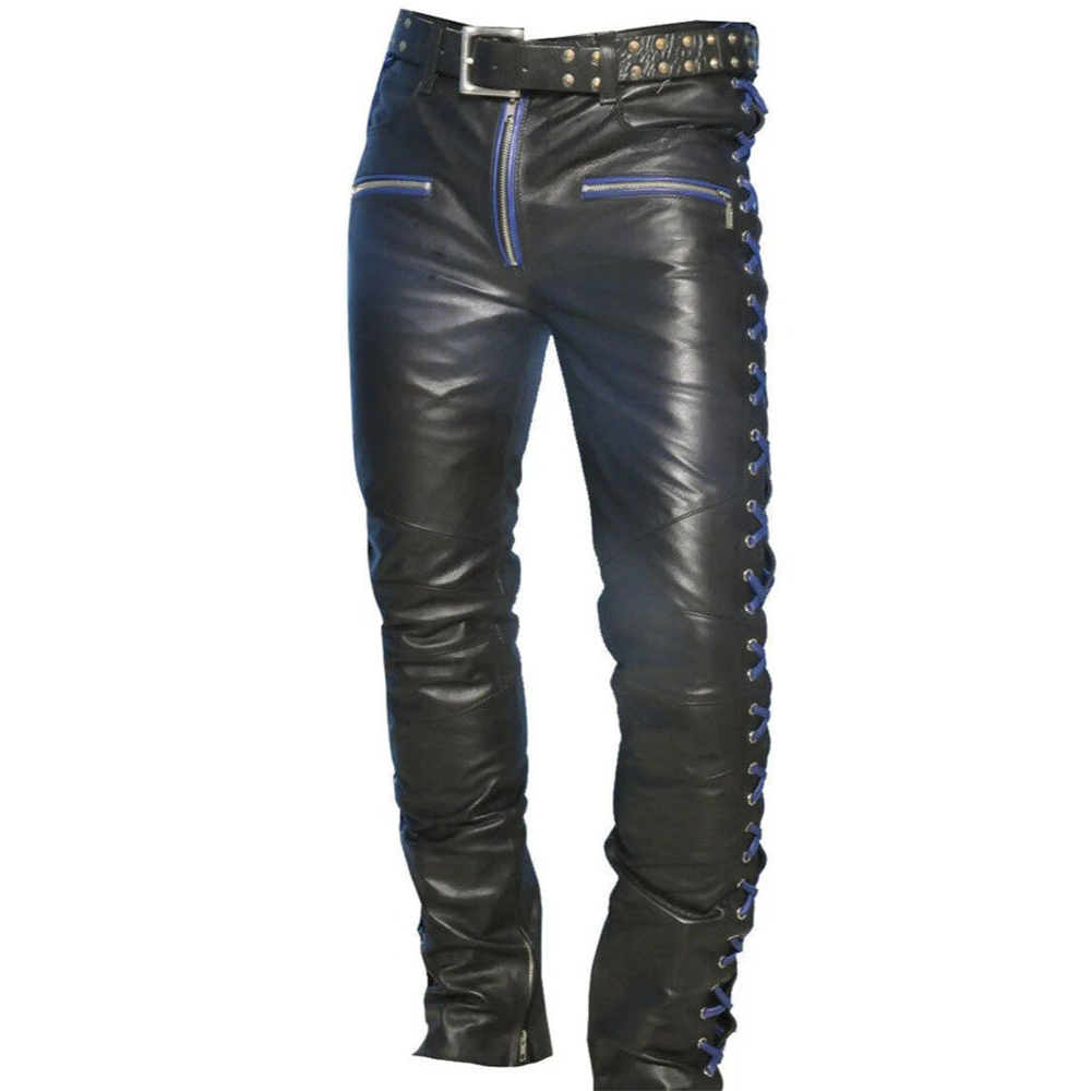 Men’s Cowhide Leather Lace-Up Pants – Contrast Laces Biker Style
