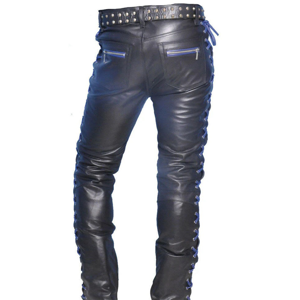 Men’s Cowhide Leather Lace-Up Pants – Contrast Laces Biker Style
