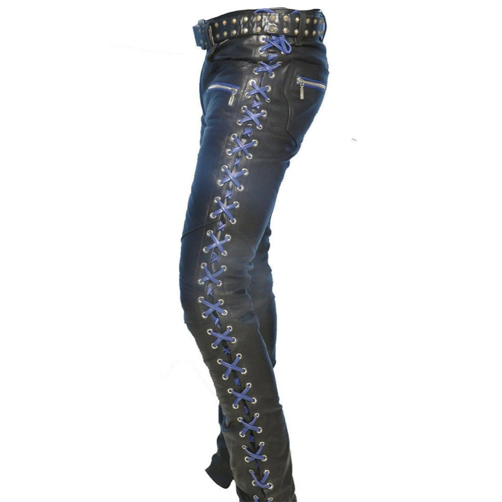Men’s Cowhide Leather Lace-Up Pants – Contrast Laces Biker Style