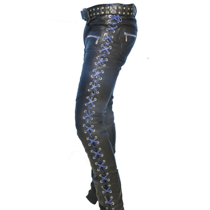 Men’s Cowhide Leather Lace-Up Pants – Contrast Laces Biker Style