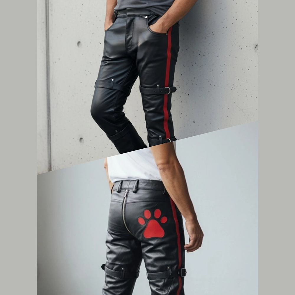Men’s Cowhide Leather Pants with Red PAW Logo & Buckle Straps
