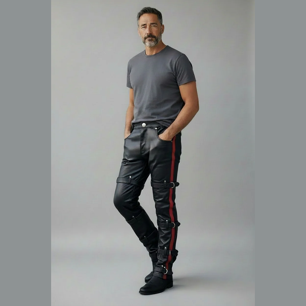 Men’s Cowhide Leather Pants with Red PAW Logo & Buckle Straps