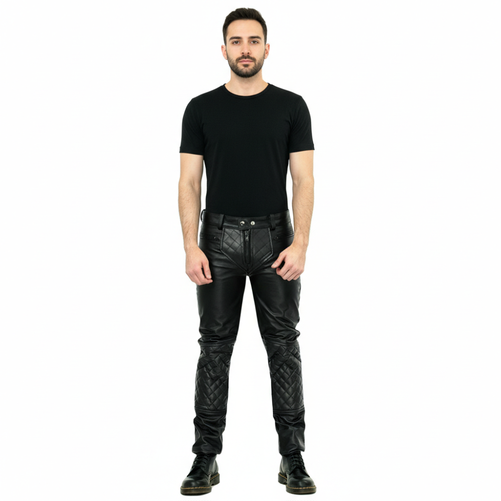 Men’s Cowhide Quilted Biker Leather Pants – BLUF Style with Zippers