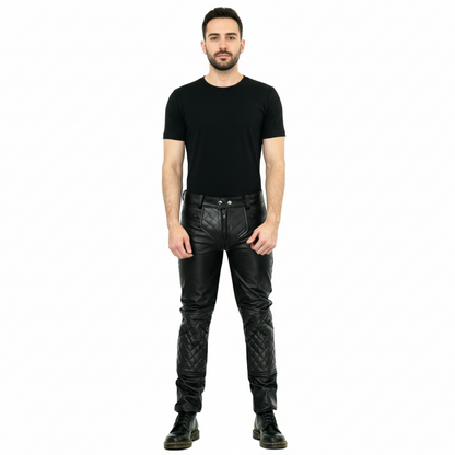 Men’s Cowhide Quilted Biker Leather Pants – BLUF Style with Zippers