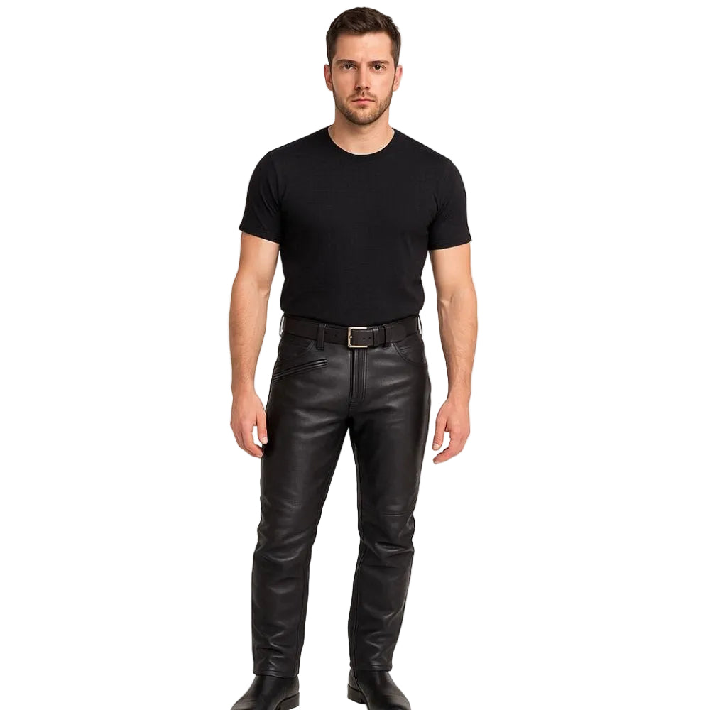 Men’s Cowhide Slim Fit Leather Carpenter Biker Pants