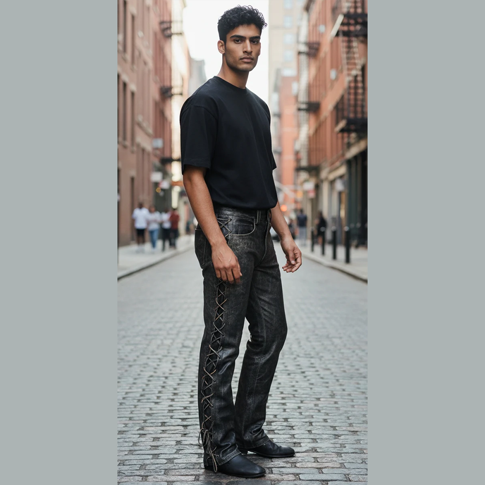 Men's Distressed Cowhide Leather Lace-Up Biker Pants