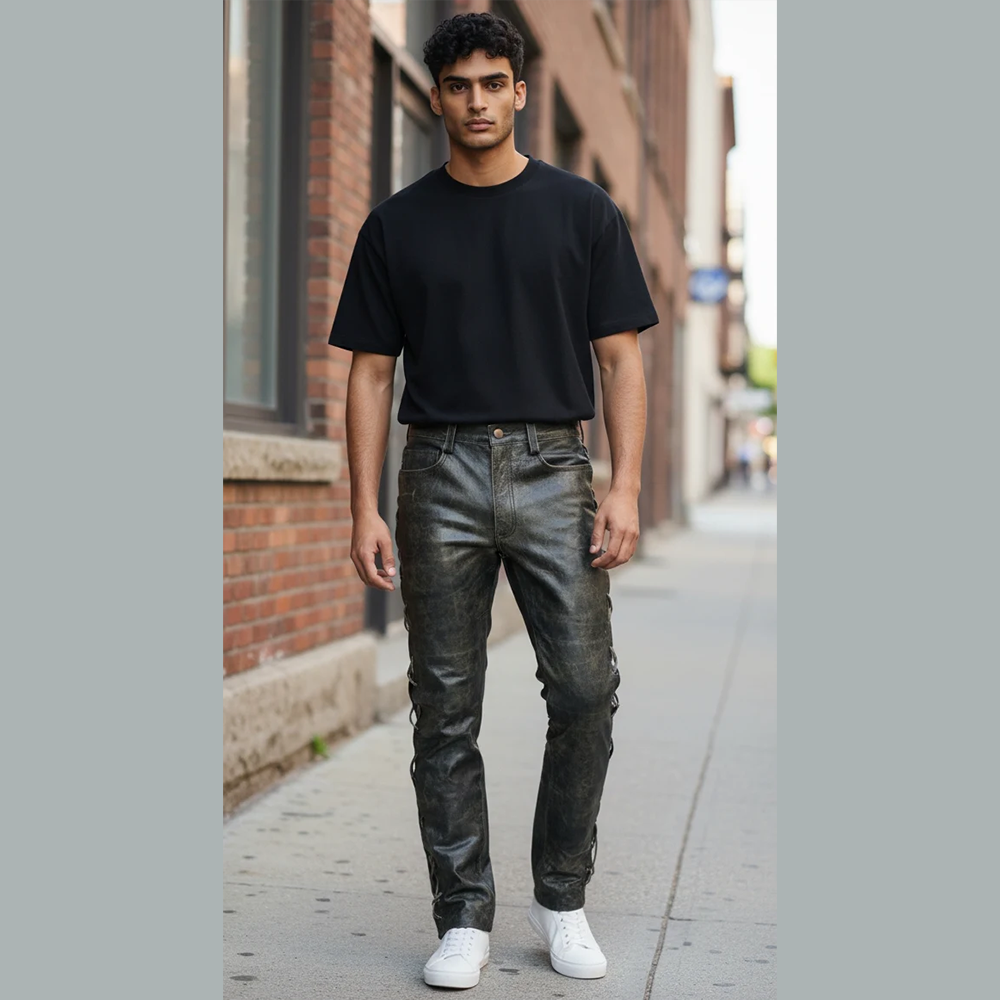 Men's Distressed Cowhide Leather Lace-Up Biker Pants