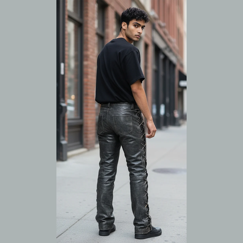 Men's Distressed Cowhide Leather Lace-Up Biker Pants