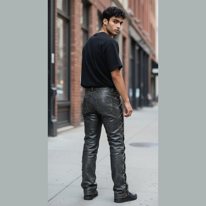 Men's Distressed Cowhide Leather Lace-Up Biker Pants