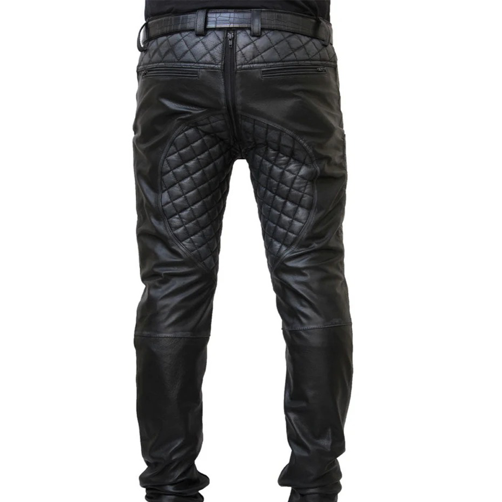 Men’s Distressed Cowhide Quilted Biker Pants – Handmade Leather Trousers