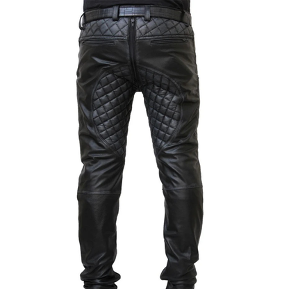 Men’s Distressed Cowhide Quilted Biker Pants – Handmade Leather Trousers
