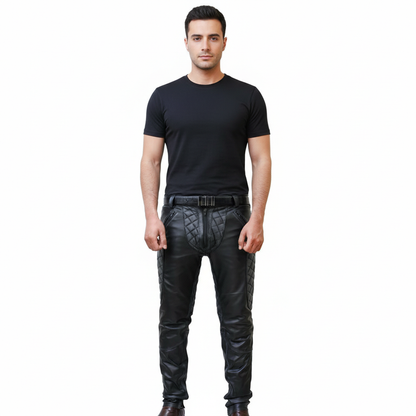 Men’s Distressed Cowhide Quilted Biker Pants – Handmade Leather Trousers