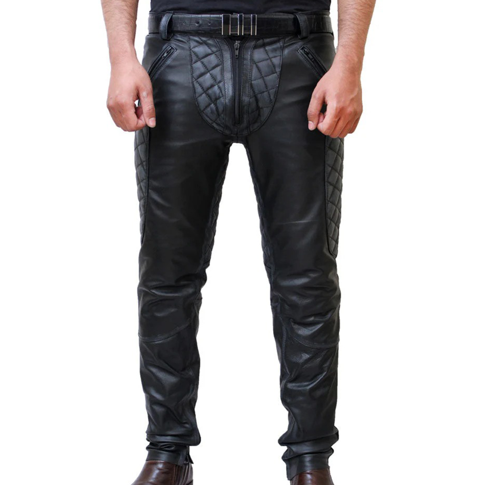 Men’s Distressed Cowhide Quilted Biker Pants – Handmade Leather Trousers