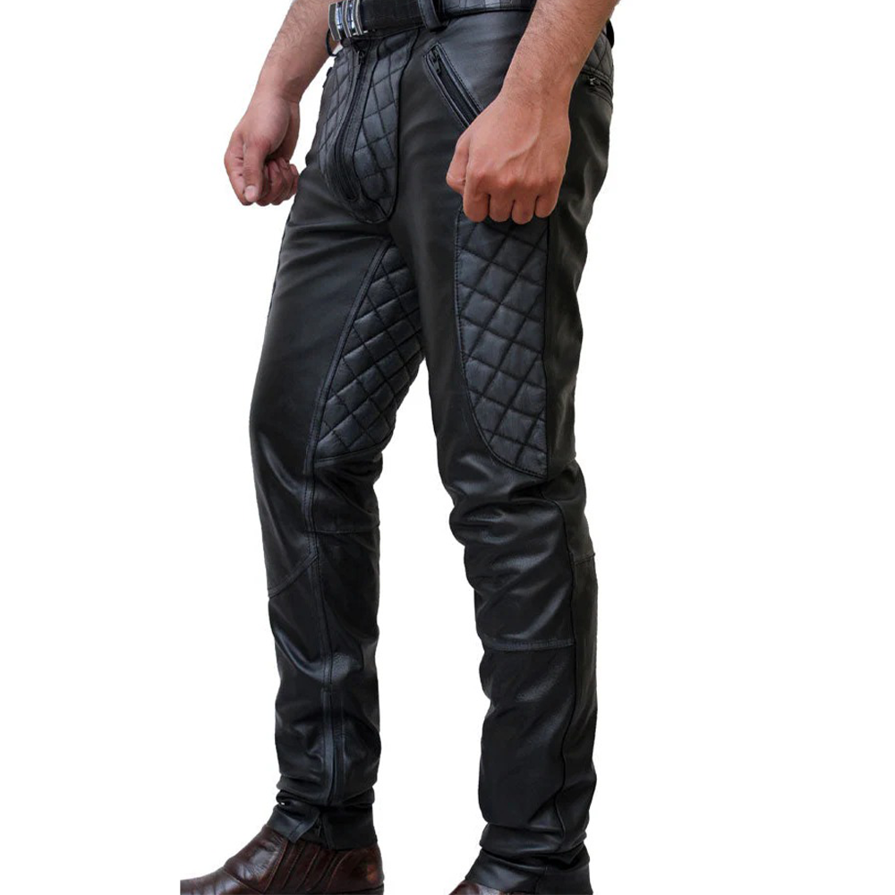 Men’s Distressed Cowhide Quilted Biker Pants – Handmade Leather Trousers