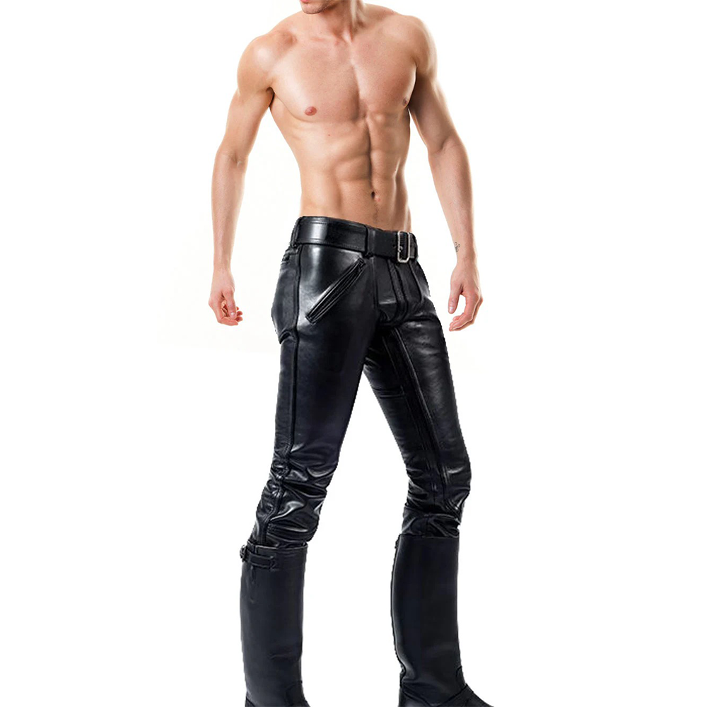 Herren-Bikerhose aus Leder mit doppeltem Reißverschluss – Echte Rindlederhose mit optionalem Reißverschluss hinten