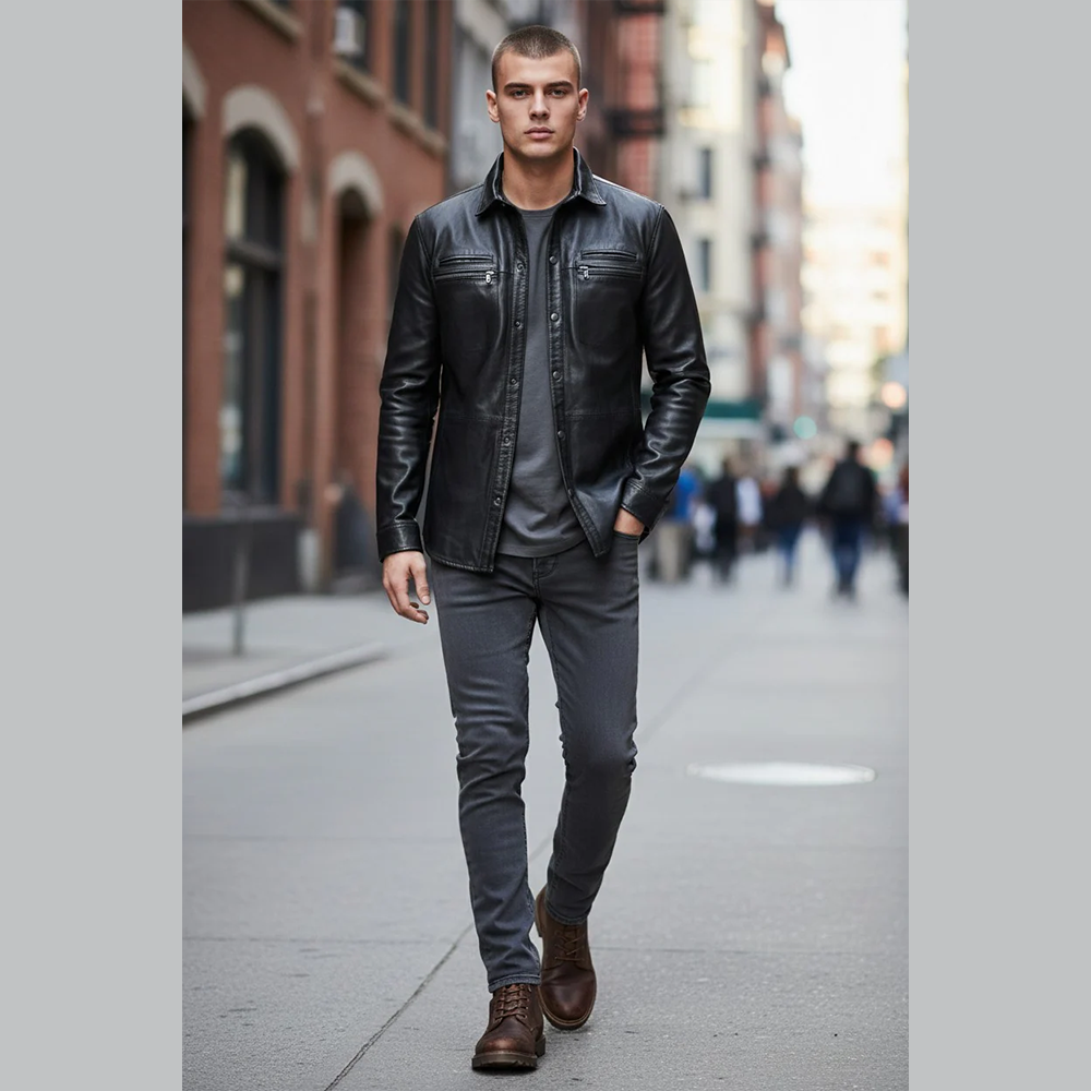 Men’s Genuine Lambskin Leather Shirt – Soft Sheep Leather Full Sleeve Design