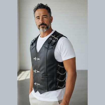 Men’s Genuine Leather Steampunk Bikers Vest with Chains and Buckles