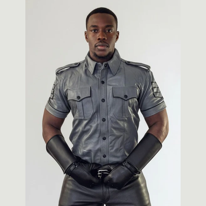 Men’s Grey Leather Police Shirt – Short Sleeve with Black Piping