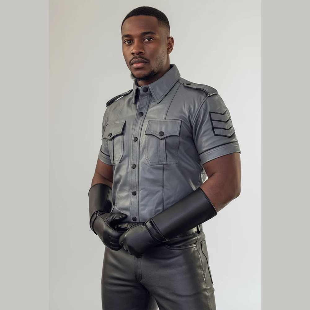 Men’s Grey Leather Police Shirt – Short Sleeve with Black Piping