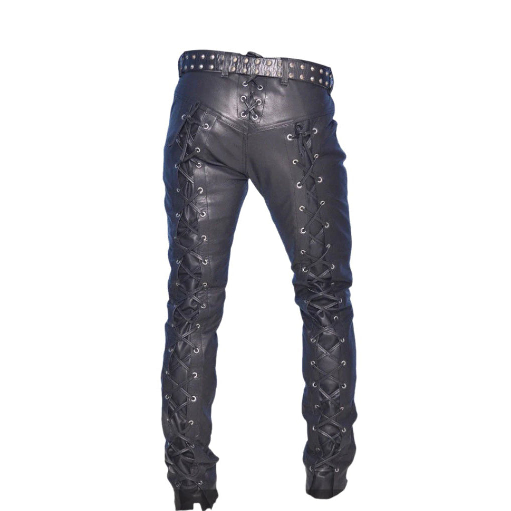 Men’s Lace-Up Cowhide Leather Biker Pants with Front & Back Lacing