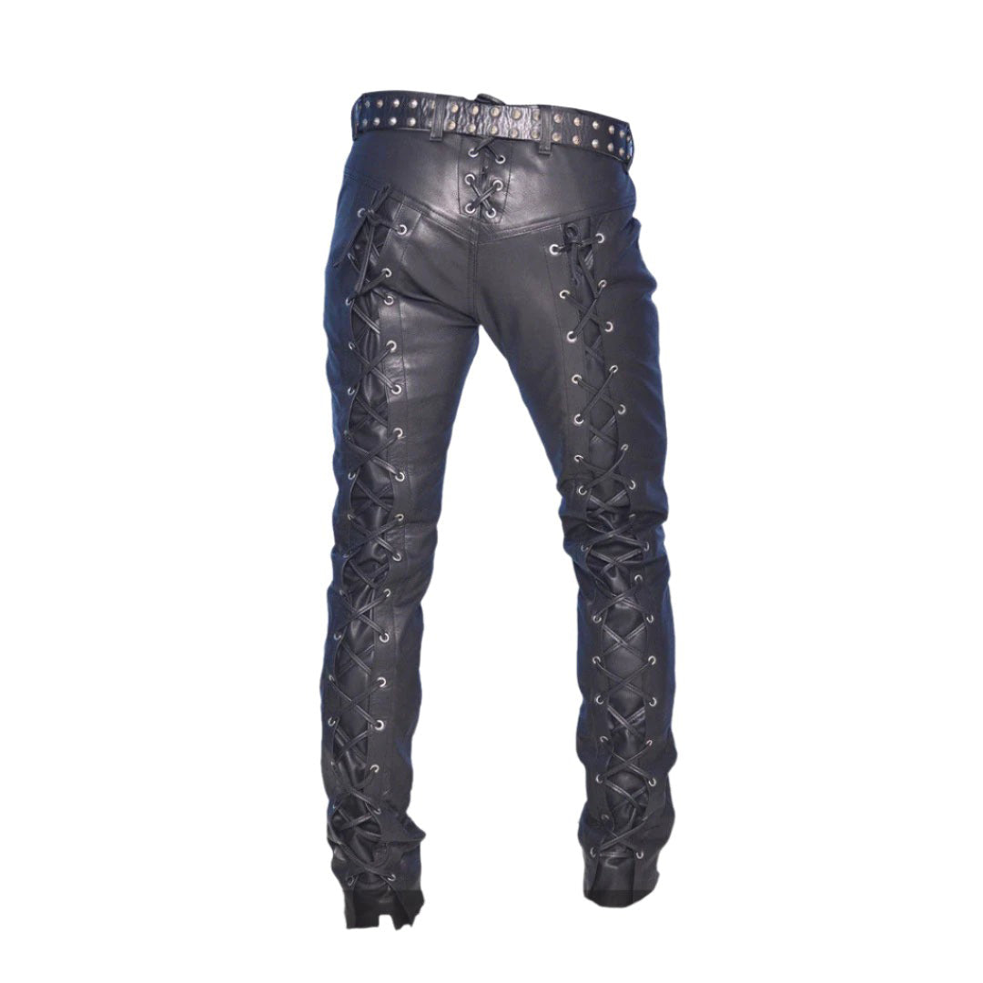 Men’s Lace-Up Cowhide Leather Biker Pants with Front & Back Lacing