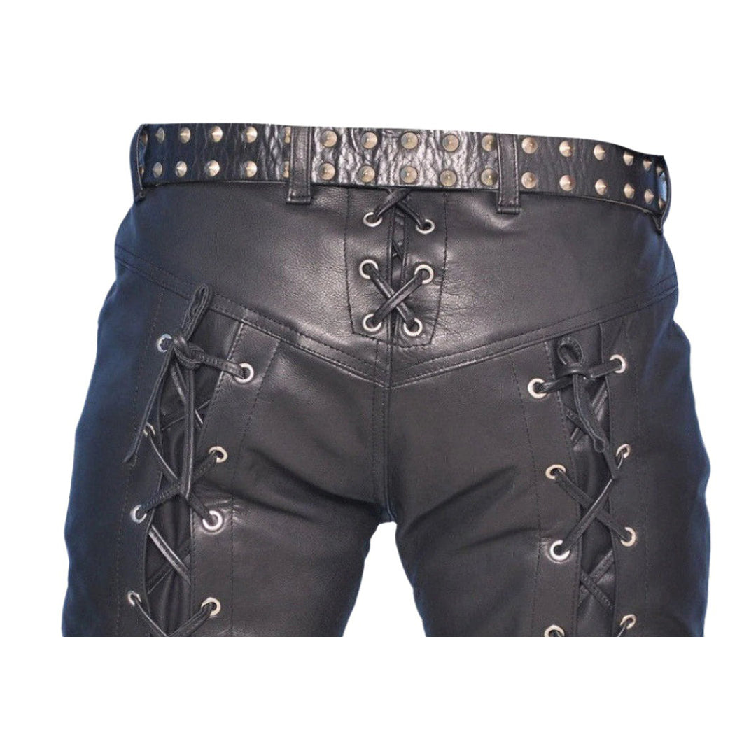 Men’s Lace-Up Cowhide Leather Biker Pants with Front & Back Lacing