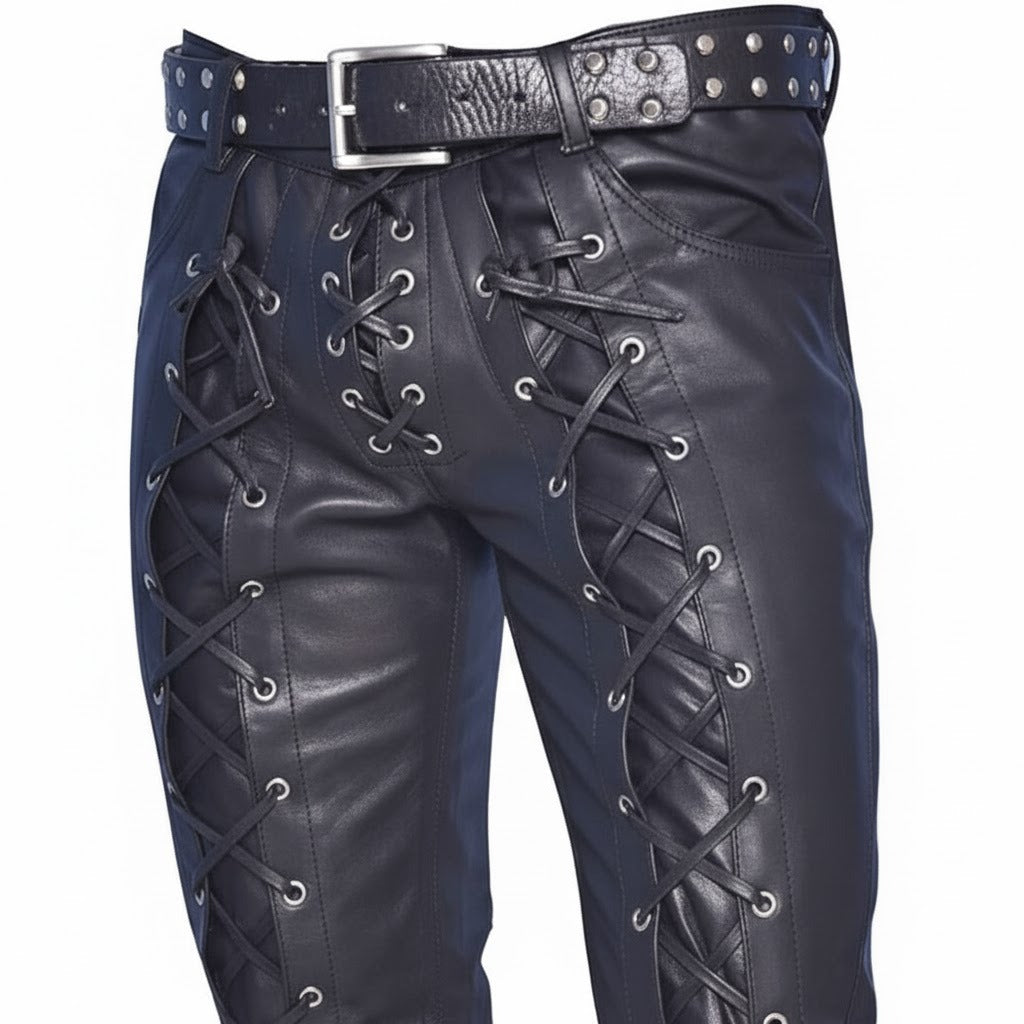 Men’s Lace-Up Cowhide Leather Biker Pants with Front & Back Lacing
