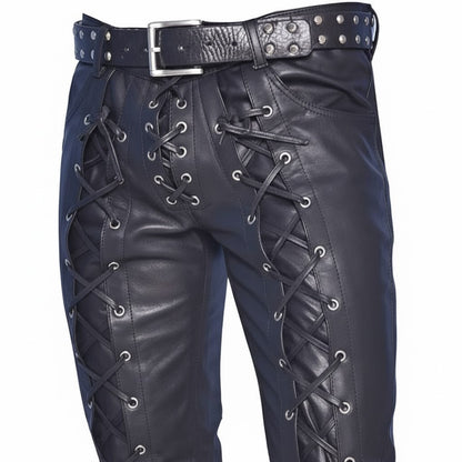 Men’s Lace-Up Cowhide Leather Biker Pants with Front & Back Lacing