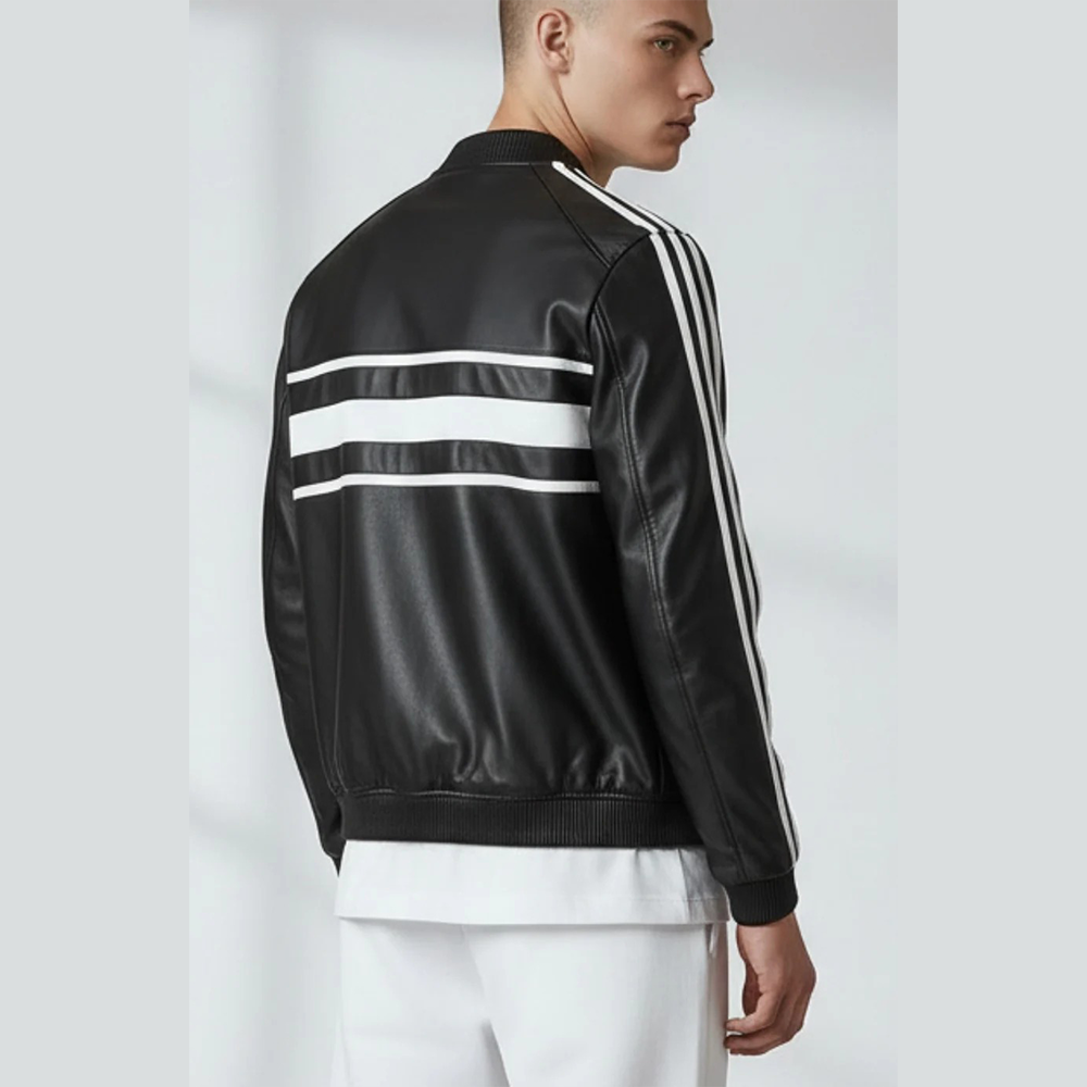 Men’s Lamb Leather Bomber Jacket – White Stripe Sleeve, Stretch Fit