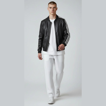 Men’s Lamb Leather Bomber Jacket – White Stripe Sleeve, Stretch Fit