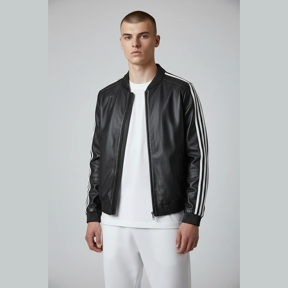 Men’s Lamb Leather Bomber Jacket – White Stripe Sleeve, Stretch Fit