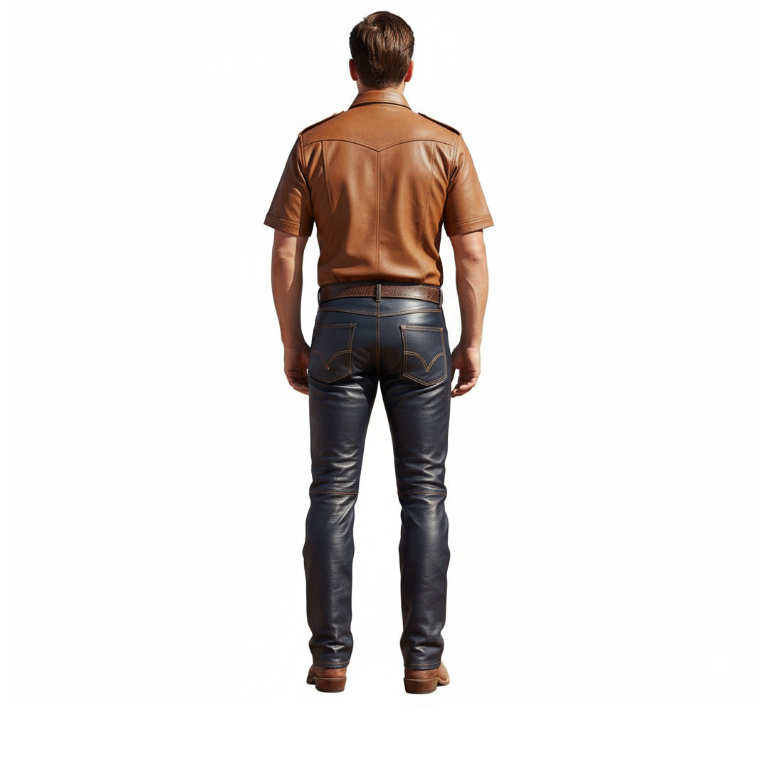 Men’s Real Lamb Leather Police Military Short Sleeve Shirt