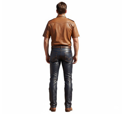 Men’s Real Lamb Leather Police Military Short Sleeve Shirt