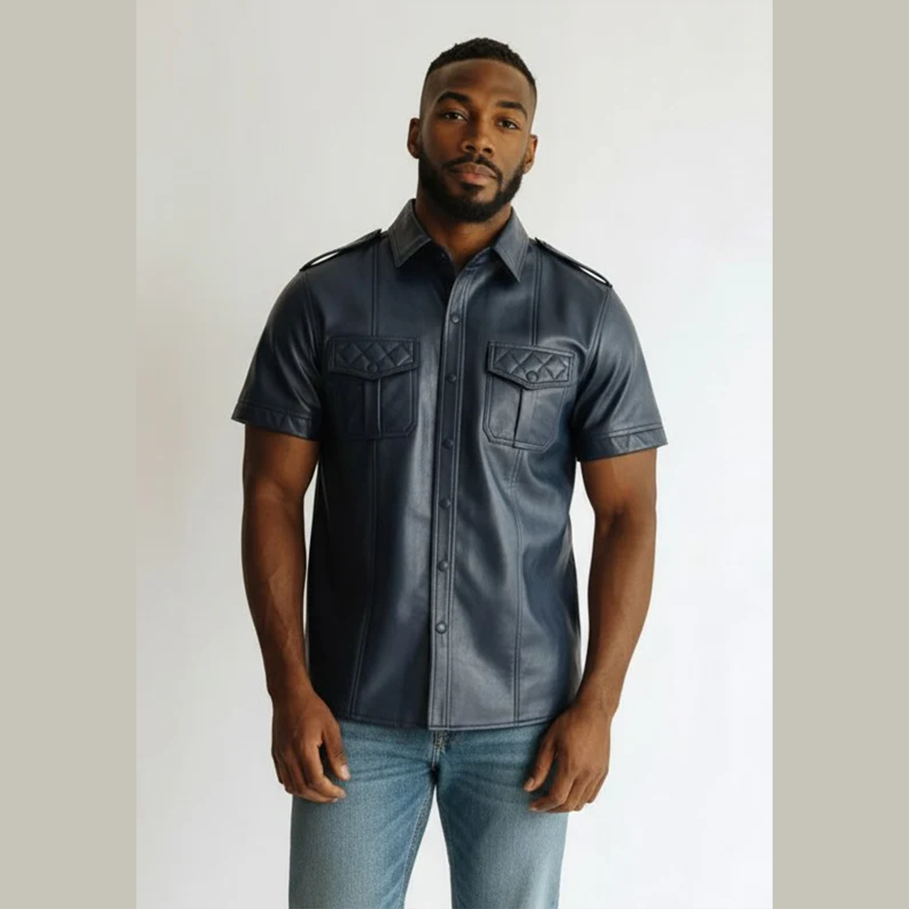 Men’s Lamb Leather Police Shirt – Quilted Gay Fetish Leather Shirt
