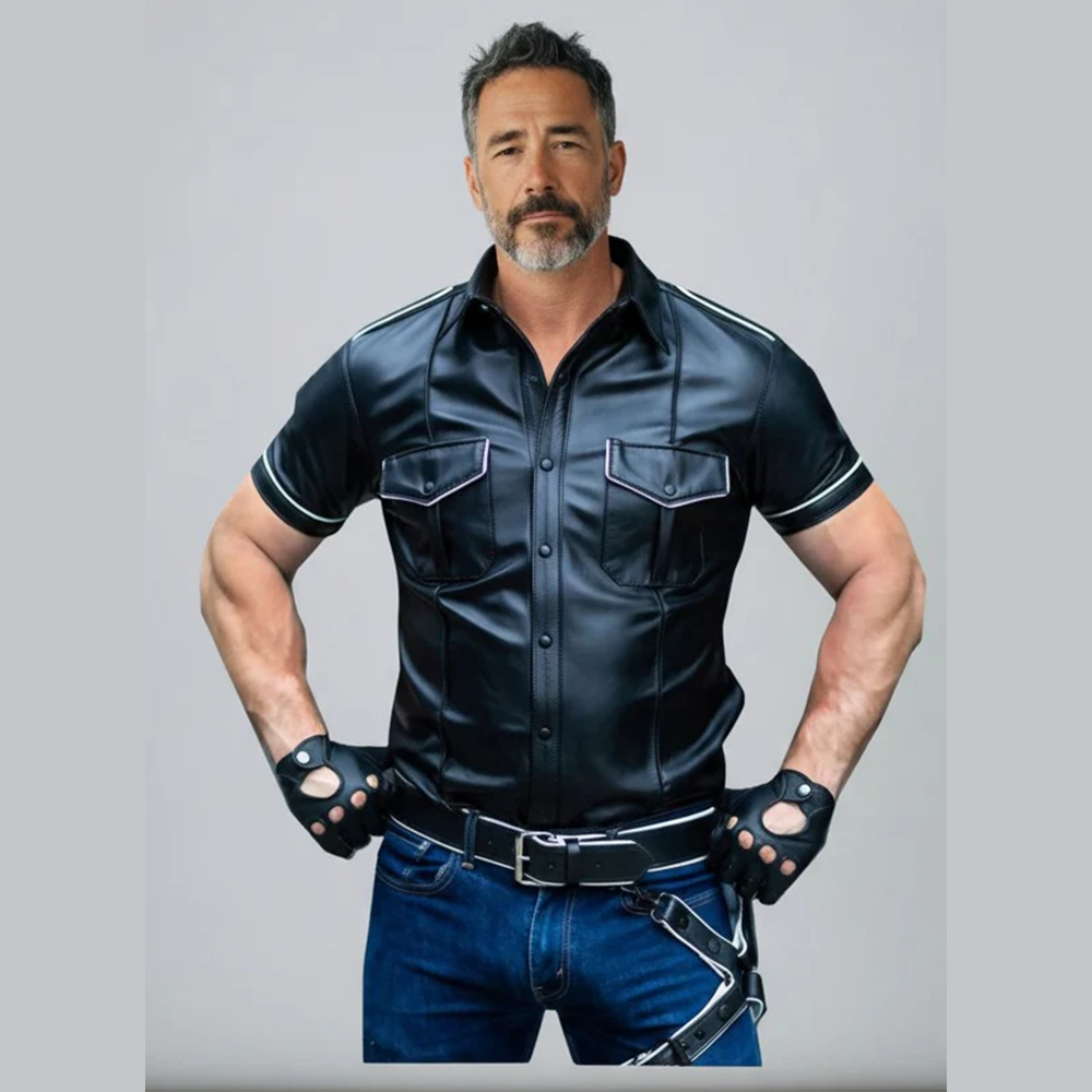 Men’s Lamb Leather Police Shirt – Short Sleeve with White Piping
