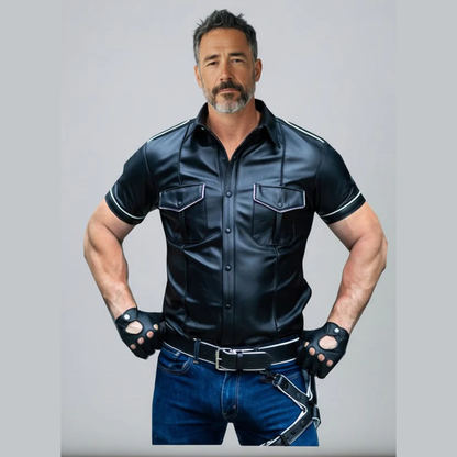 Men’s Lamb Leather Police Shirt – Short Sleeve with White Piping