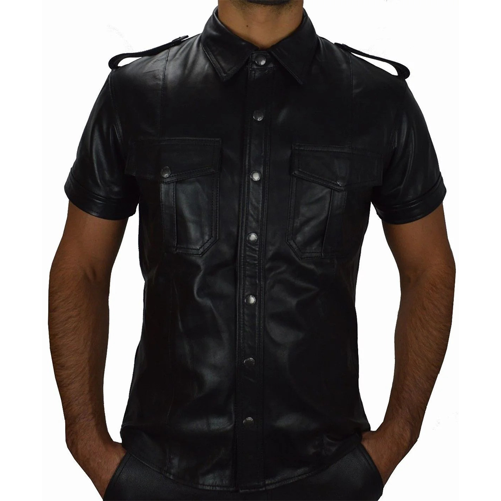 Men's Lamb Leather Police Shirt – Short Sleeves, Black Fetish Style