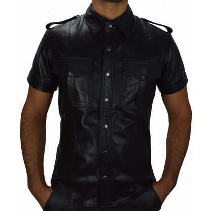 Men's Lamb Leather Police Shirt – Short Sleeves, Black Fetish Style
