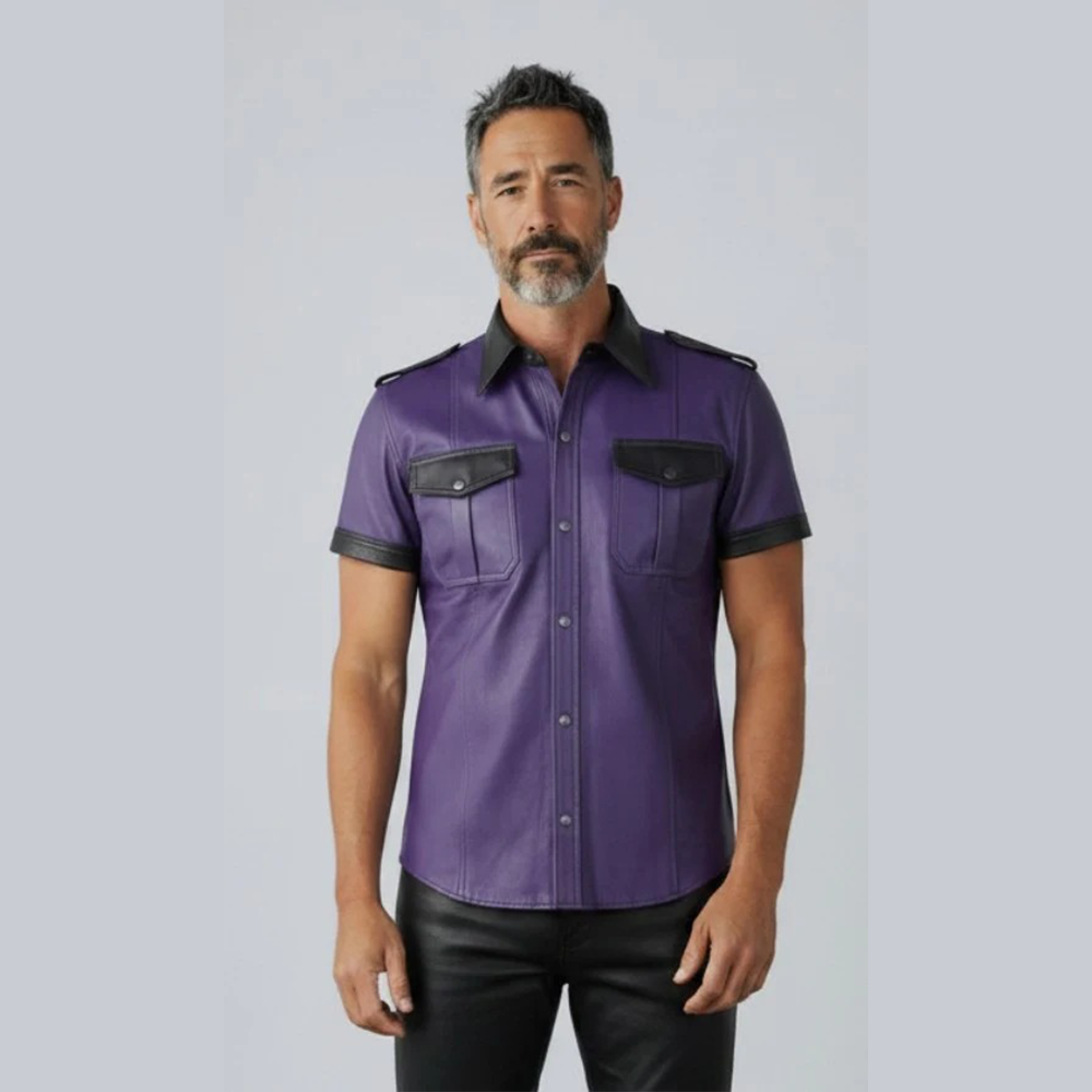 Men’s Lamb Leather Police Shirt with Contrast Trims & Shoulder Straps