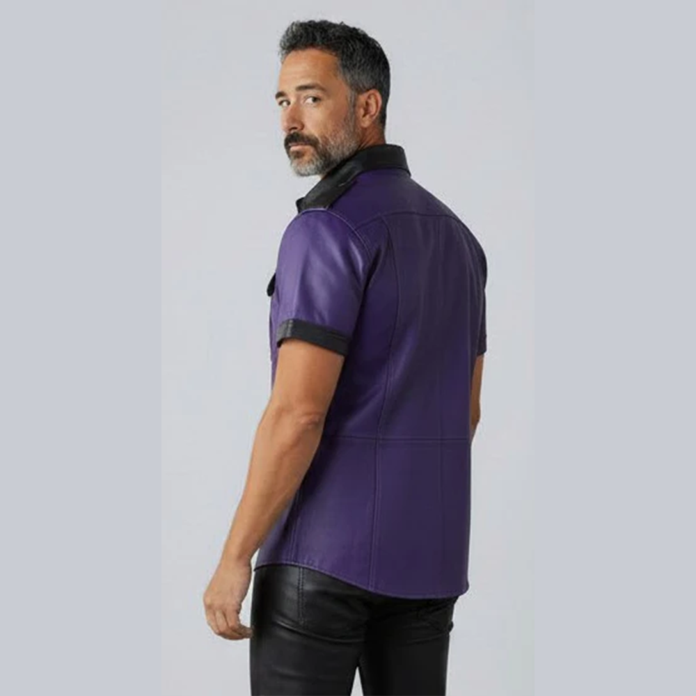 Men’s Lamb Leather Police Shirt with Contrast Trims & Shoulder Straps