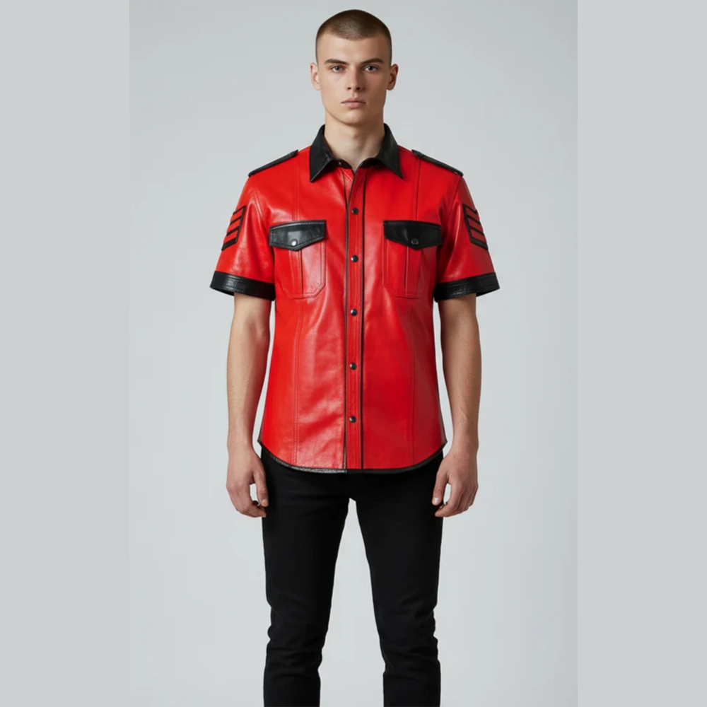 Men's Lamb Leather Police Style Shirt with Quilted Panels