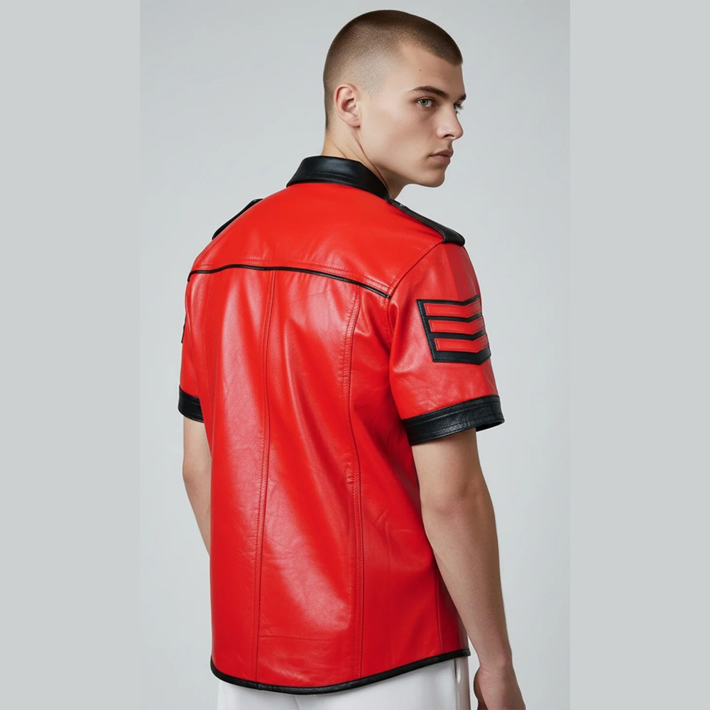 Men's Lamb Leather Police Style Shirt with Quilted Panels