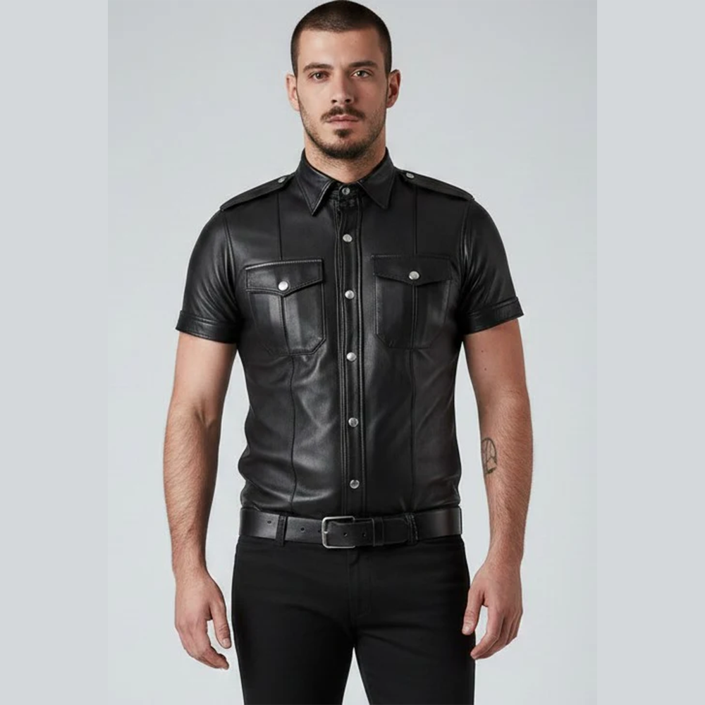 Men’s Lambskin Leather Police Shirt – Short Sleeve Clubwear