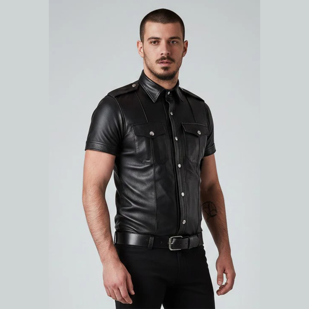 Men’s Lambskin Leather Police Shirt – Short Sleeve Clubwear